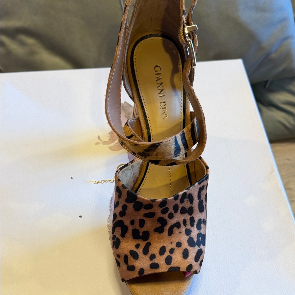 Gianni Bini Leopard Print Peep-Toe Ankle Strap Heels - Brown & Black